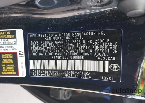 2015 Toyota Avalon Xle from USA, damaged, VIN 4T1BK1EB6FU160996